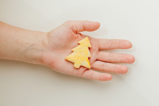 woman holding a Christmas tree cookie in hand