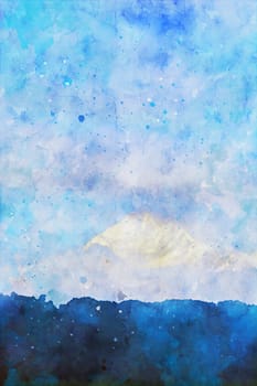 Mountain peak in blue shades with sky background, vertical image, winter season of nature illustration, digital watercolor painting