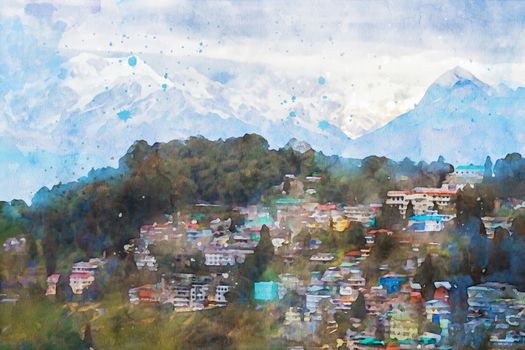 Colorful city on hill with snow mountains background, village on mountain illustration, digital watercolor painting
