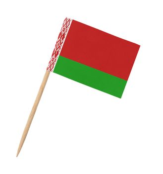 Small paper Belarussian flag on wooden stick, isolated on white