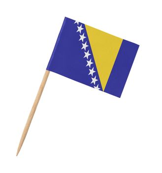 Small paper flag of Bosnia and Herzegovina on wooden stick, isolated on white