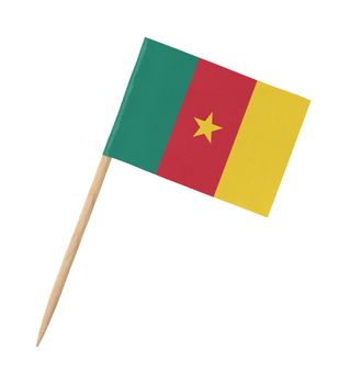 Small paper flag of Cameroon on wooden stick, isolated on white