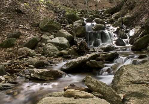 L'acqua  scende dalla piccola cascata nel bosco