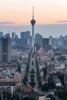 Chengdu, Sichuan province, China - June 18, 2020 : 339 TV tower and city skyline aerial view in late afternoon
