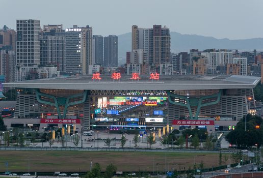 Chengdu, Sichuan province, China - June 2 2020 : Chengdu Dong East railway station aerial view at dusk
