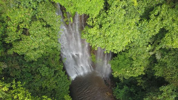 Aerial View of forest and river towards Labuhan Kebo Waterfall located in Munduk, Bali.