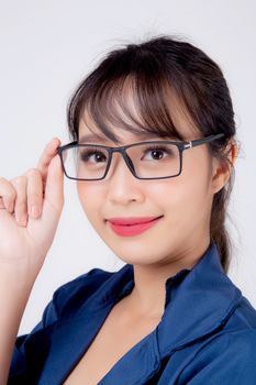 beautiful portrait young business asian woman standing wearing glasses with confident isolated on white background, asia businesswoman career secretary or accountant work success with smiling happy.