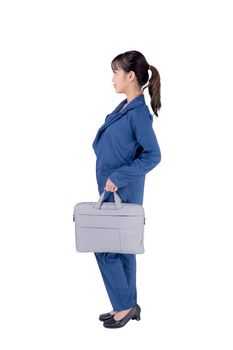 Beautiful portrait young business asian woman holding a briefcase portfolio isolated on white background, confident businesswoman walking and carrying document case of work, employee girl is cheerful.