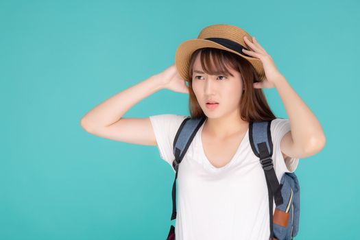 Beautiful young asian woman upset and worry travel summer trip in abroad isolated on blue background, tourist asia girl having problem and stress journey in vacation for leisure, holiday concept.