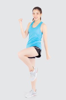 Beautiful young asian woman in sport standing stretch muscle arm workout with healthy isolated on white background, girl wear shape fit warm up and exercise and yoga for health, wellness concept.