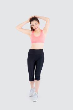 Beautiful portrait young asian woman standing workout stretch muscle arm with healthy isolated on white background, asia girl wear sport clothes exercise and yoga for health, wellness concept.