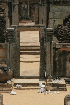 Polonnaruwa Sri Lanka Ancient ruin shoes removed before entering Buddhist shrine High quality photo