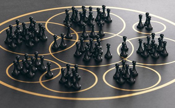 3D illustration of many pawns grouped together into golden circles over black background. Market segmentation concept.