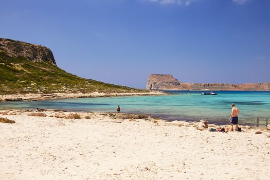 GRAMVOUSA - BALOS, THE CRETE ISLAND, GREECE - JUNE 4, 2019: The beautiful seaview at the beach and the bay of Balos.