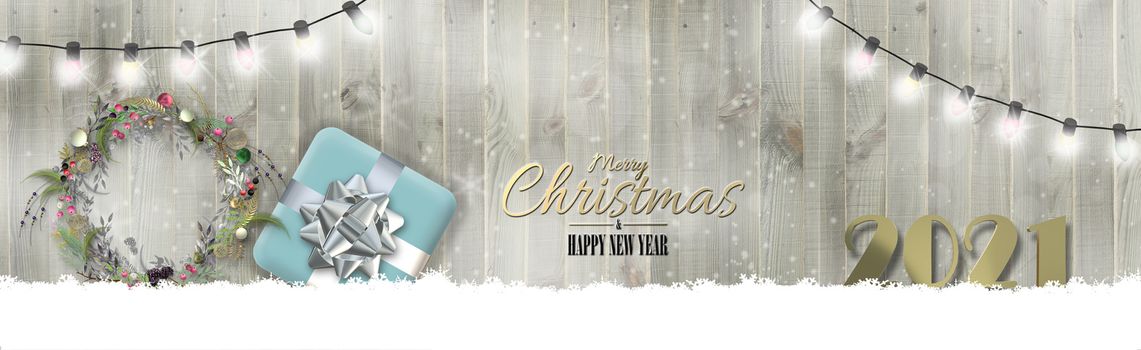 Holiday New Year 2021 banner on wood with realistic Xmas gift box, Xmas wreath, snowflakes over wooden background. New Year 2021 greeting, invitation, header. 3D render. Place for text