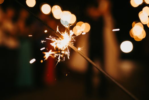 sparklers at the wedding, a couple of newlyweds on the background