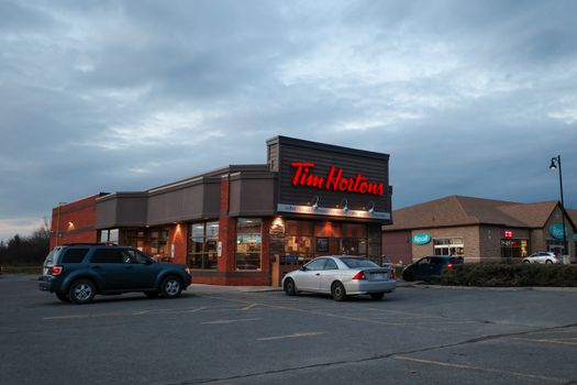 Mississippi Mills, Ontario, Canada - November 20, 2020: A Tim Hortons restaurant location in the town of Almonte, Ontario.