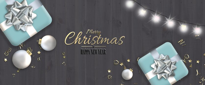 Christmas holiday ornament of dark wooden background. Xmas gift boxes, Xmas balls, lights over dark wood. Flat lay, top view. Text Merry Christmas Happy New Year. 3D render