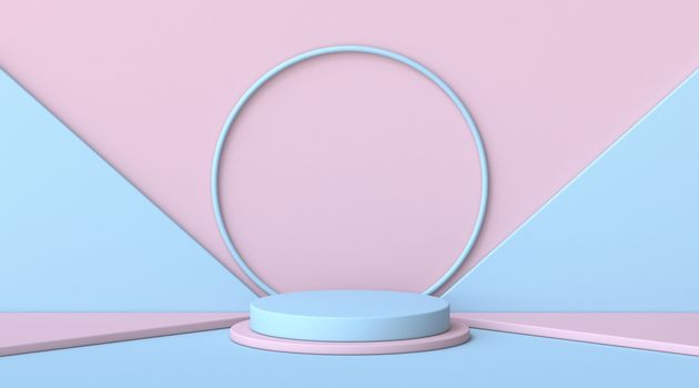 Mock up podium for product presentation circle and blue triangles 3D render illustration on blue and pink background