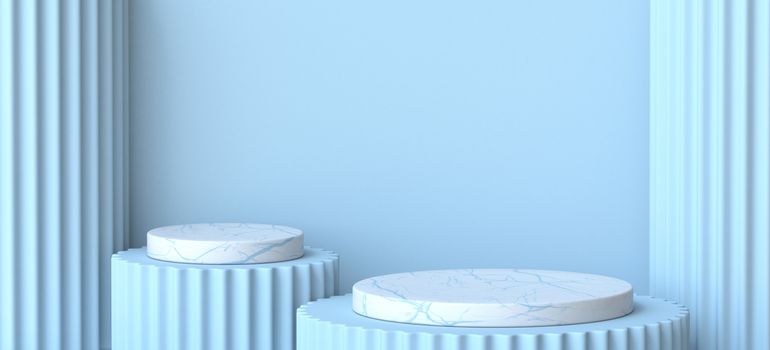 Mock up podium for product presentation with classic columns 3D render illustration on blue background