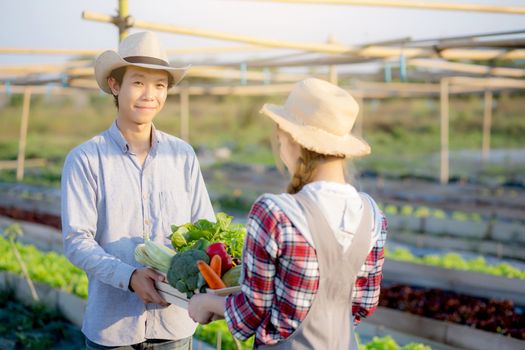 Beautiful young asian woman and man holding fresh organic vegetable with basket together in the hydroponic farm, harvest and agriculture and cultivation for healthy food and business concept.