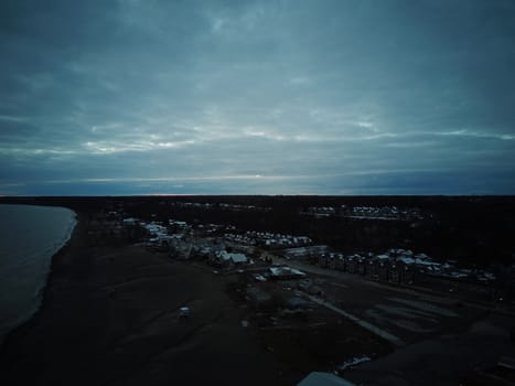 aerial view of the town of Port Stanley Ontario during a winter night. High quality photo