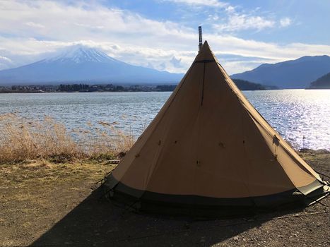 Camping field with mount Fuji view in Kawaguchiko lake at Japan