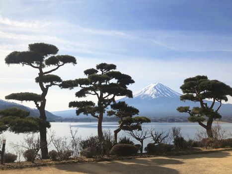 Beautiful view of Mountain Fuji and Lake Kawaguchiko in Japan