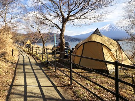 Camping field with mount Fuji view in Kawaguchiko lake at Japan