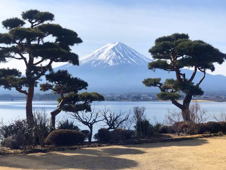 Beautiful view of  Mountain Fuji and Lake Kawaguchiko in Japan