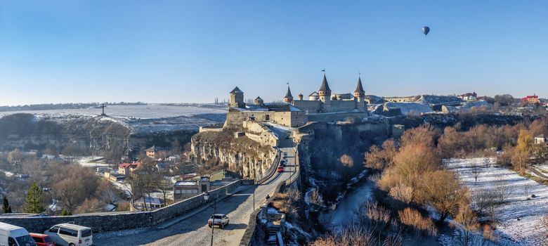 Kamianets-Podilskyi, Ukraine 01.07.2020. Panoramic view of the Kamianets-Podilskyi fortress on a sunny winter morning