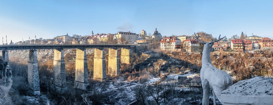 Kamianets-Podilskyi, Ukraine 01.07.2020. Novoplanovsky bridge over the Smotrytsky canyon in Kamianets-Podilskyi on a sunny winter morning