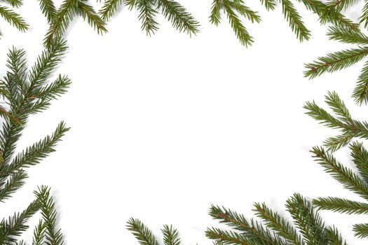 Natural fir Christmas tree border frame isolated on white , copy space for text