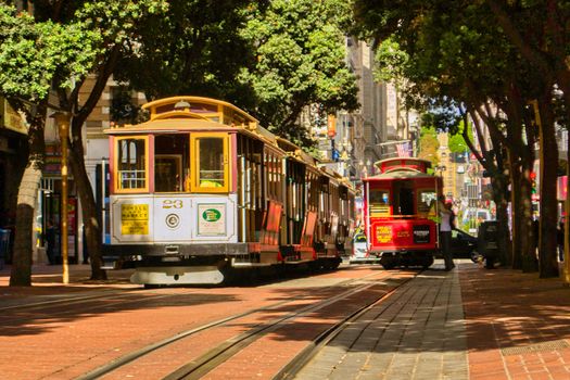 San Francisco, USA, November 2013: Street view on historical cable car tracks in San Francisco, California, United States