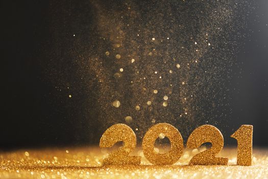 2021 New Year luxury design concept. Golden 2021 New Year horizontal template with golden glitter on blue backgound