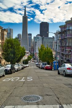 San Francisco, United States, November 2013: San Francisco street view looking at downtown district with skyscrapers