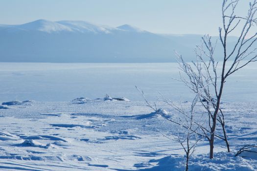 Winter panoramic view at White sea and mountains near Kandalaksha Russia , ?ross mountain