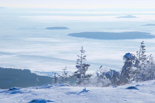 Winter panoramic view at White sea and mountains near Kandalaksha Russia , ?ross mountain