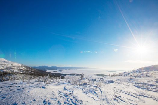 Winter panoramic view at White sea and mountains near Kandalaksha Russia , ?ross mountain