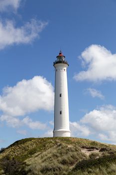 Hvide Sande, Denmark - July 10, 2019: View of Lyngvig Lighthouse at the Danish West Coast.