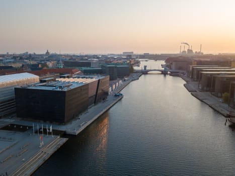 Copenhagen, Denmark - August 27, 2019: Aerial drone view of The Royal Library, also know as the Black Diamond