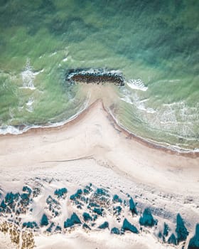 Liseleje, Denmark - April 4, 2020: Aerial drone view of a breakwater at Liseleje Beach.