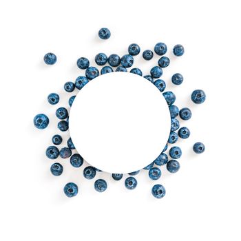Creative layout with fresh ripe berries. Blueberry isolated on white background with white circle for copy space. Can use for your design, promo, social media, Top view. Instagram format square.