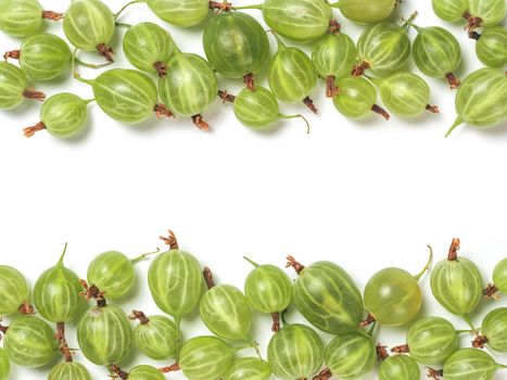 Ripe green gooseberry pattern. Creative layout made of organic gooseberries. Isolated on white with clipping path. Top view or flat lay. Copy space for text in center. Food concept.