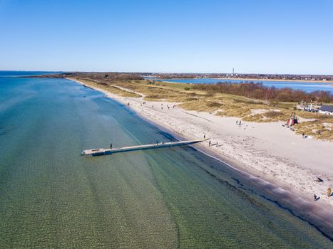 Ishoj, Denmark - March 21, 2020: Aerial drone view of the sand beach in Ishoj south of Copenhagen