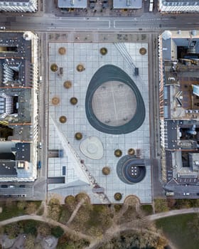 Copenhagen, Denmark - March 31, 2020: Aerial drone view Israels Plads and the market halls.