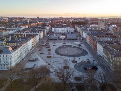 Copenhagen, Denmark - March 31, 2020: Aerial drone view Israels Plads and the market halls.