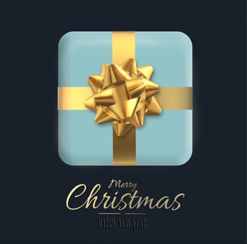 Abstract luxury Christmas card with blue gold Xmas realistic 3D gift box with golden bow on dark blue background. Gold text Merry Christmas Happy New Year. 3D illustration. Holiday festive design