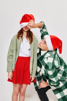 man and woman new year fashion clothes holiday fun studio. High quality photo