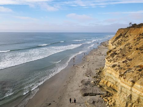 Dog Beach off-leash on Del Mar North Beach, people walking their dogs. San Diego County, California, USA. November 20, 2020